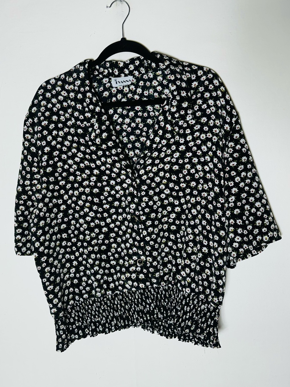 Vintage Evanna Black White Floral Button Up Blouse XL Smocked Hem Whimsygoth